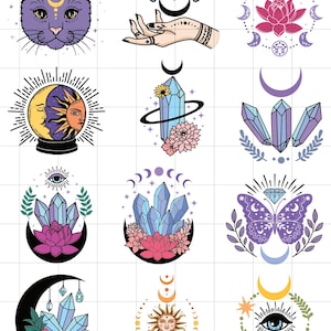 May include: A collection of mystical illustrations featuring a purple cat head, hands holding crystals, lotus flowers, moons, crystals, a crystal ball with sun and moon, a butterfly, and an eye. The designs are in a whimsical, celestial style.