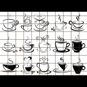 May include: A set of 12 black and white illustrations of coffee cups with steam rising from them. The cups are in various styles and shapes, some with hearts and swirls.