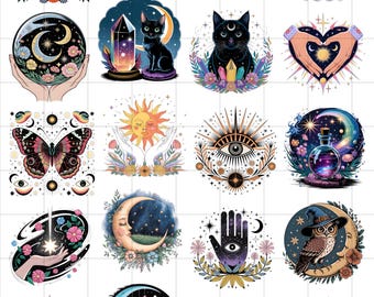 May include: A collection of 20 circular designs featuring celestial and mystical themes. Designs include suns, moons, stars, cats, butterflies, hands, owls, bees, and potion bottles, all with intricate details and vibrant colors.