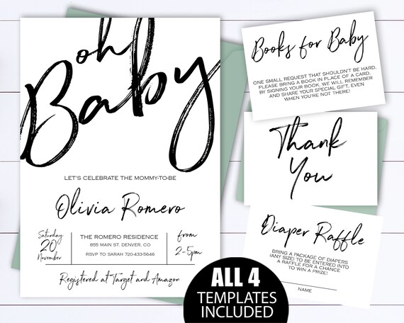 Contemporary Baby Shower Invites ZARA Modern Baby Shower Invitation Template Set Minimalist Baby Shower Invitation Diaper Raffle /& Books