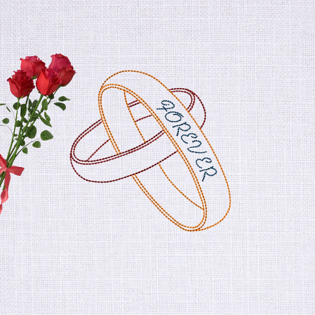 Wedding Rings Vintage Stitch Embroidery Design File 5 Sizes, Forever