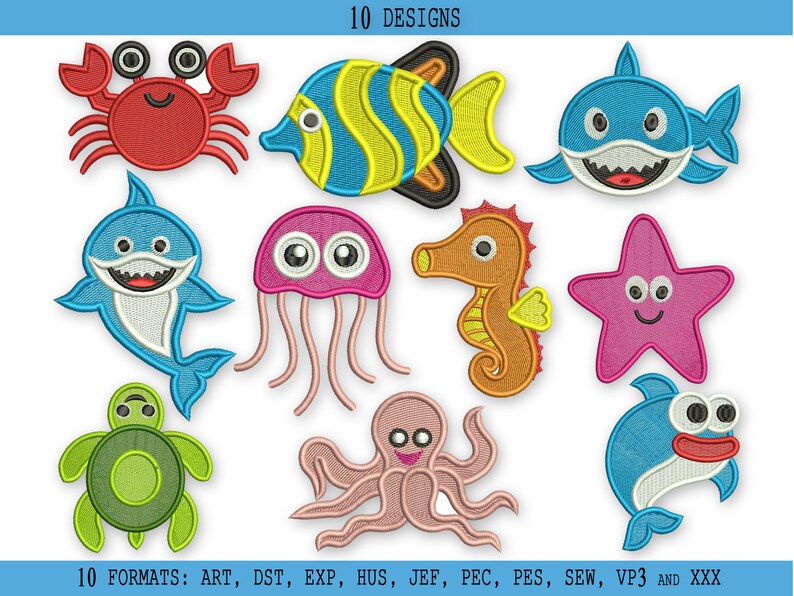 Set of 10 Sea Animals Embroidery Designs Shark Machine Etsy