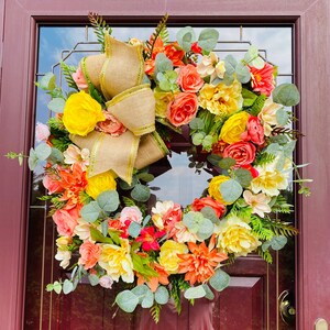 Floral Grapevine Summer Wreath: Peach, Coral, and Yellow Silk Flowers