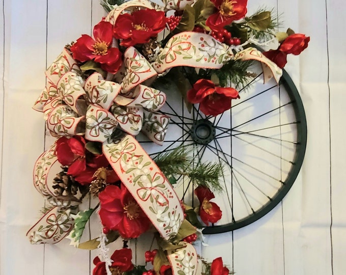 Christmas Bicycle Wheel, Christmas Door Hanger, Christmas Bike Rim