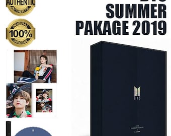 May include: BTS Summer Package 2019 box set with a blue and silver holographic logo. The box set includes a photobook, DVD, and other items. The box is on a white background.