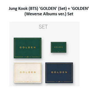 Pode incluir: Um conjunto de quatro álbuns 'GOLDEN' de Jung Kook (BTS). Os álbuns são verde, branco e azul com letras douradas. O conjunto inclui um álbum menor com o mesmo design.