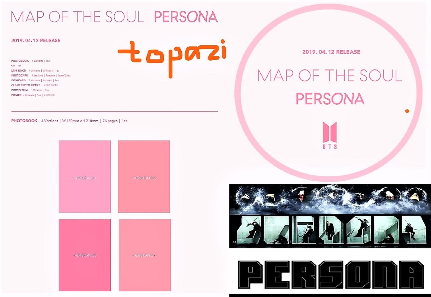 MAP OF SOUL : PERSONA - BTS Album [ 3 Ver. ] CD + Photobook + Mini Book +  Photocard + Postcard + Photo Film + FREE GIFT