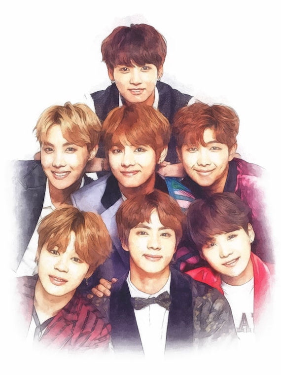 BTS 7人のメンバーの手描きの絵画カラープリント、無料ギフト付き BTS 7人のメンバーの手描きの絵画カラープリント、無料ギフト付き