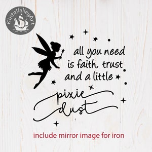 May include: Black silhouette of a fairy with a wand, surrounded by stars and the words "all you need is faith, trust and a little pixie dust." The text "include mirror image for iron" is at the bottom. The design is on a white wood background.