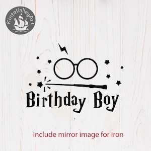 May include: Black and white graphic design featuring a pair of glasses, a magic wand, and stars. The text "Birthday Boy" is written in a stylized font.