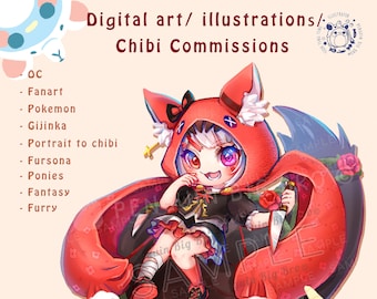 Könnte beinhalten: Eine digitale Illustration eines Chibi-Charakters mit roten Haaren und einem roten Kapuzenumhang. Der Charakter hält ein Messer und ist von Rosen umgeben. Der Text "Digital art/illustrations. Chibi Commissions" befindet sich oben im Bild.