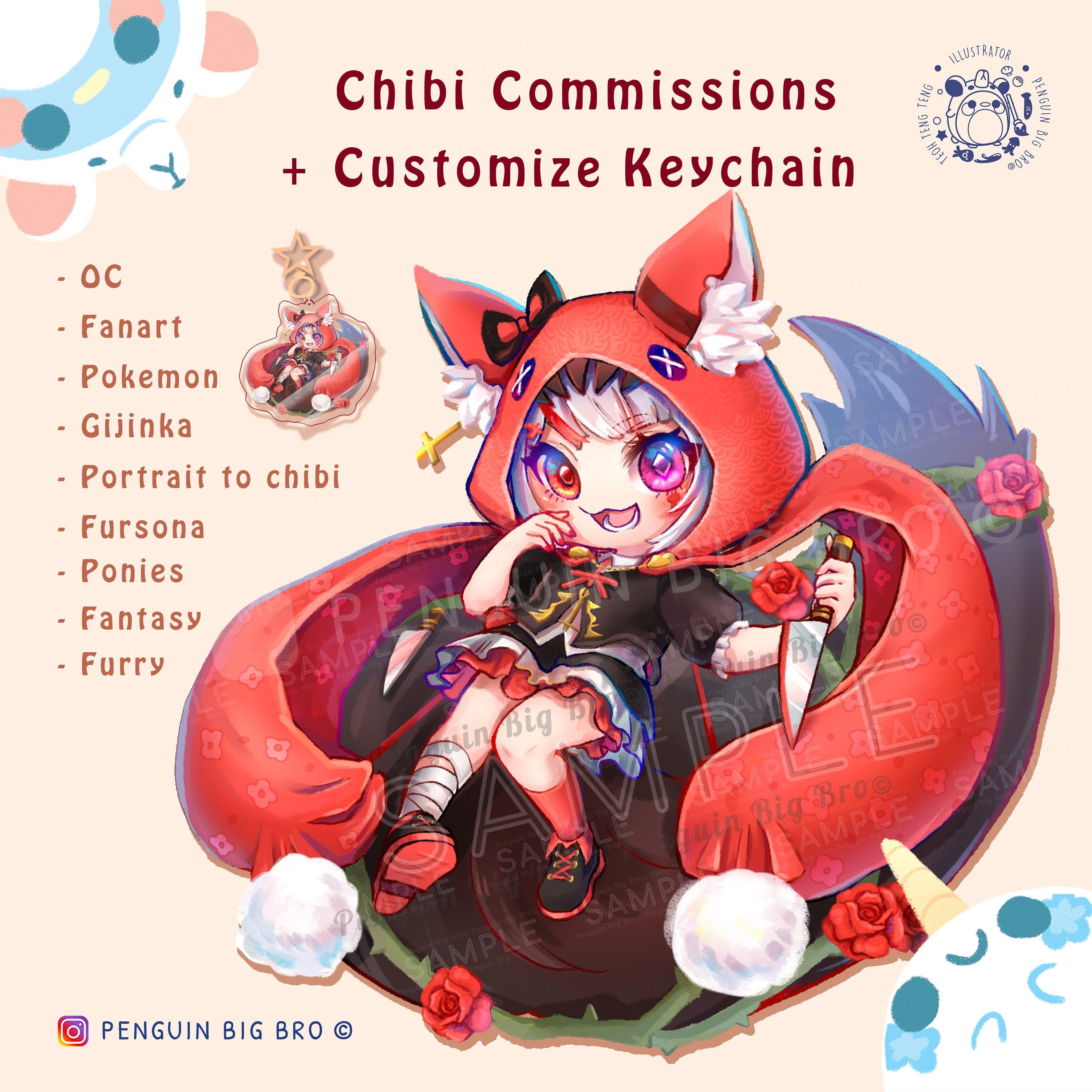 CUSTOM Acrylic Keychain & Digital Art Commissions Charm Chibi