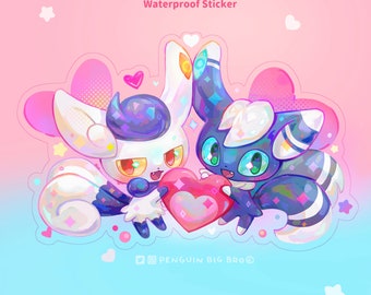 Naklejki wycinane metodą die cut z winylu Meowstic Valentine Poke z brokatem, wodoodporne i różne - szkarłatne i fioletowe, Espurr, psychiczne, błyszczące Meowstic PKMN