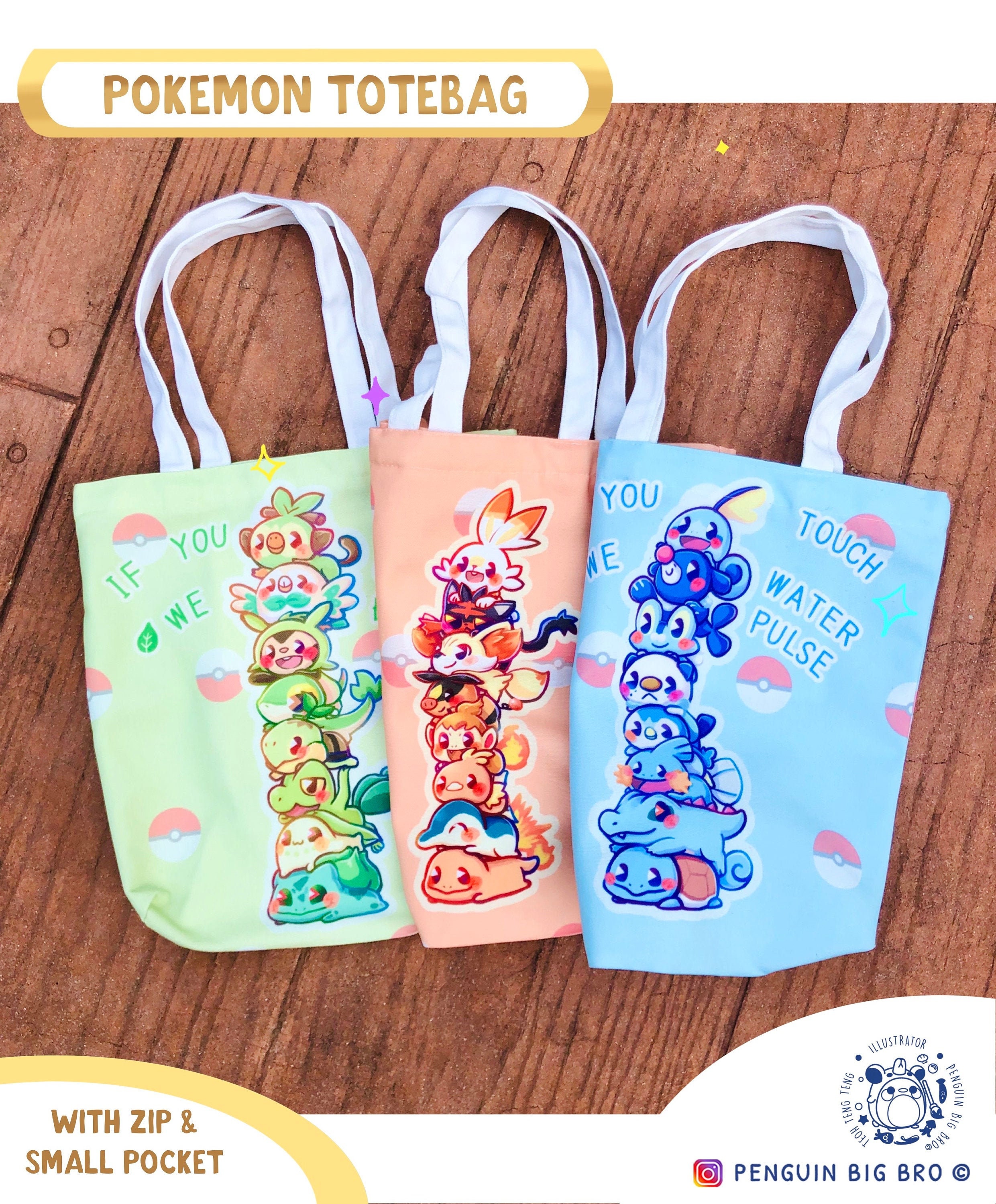 Poke Tote Bag Recycle Bag Eco Starter Poke Sword Shield Scarlet Violet Grass Fire Water Rowlet Charmander Totodile Animal Etsy