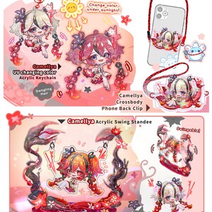 May include: A collection of Camellya acrylic accessories, including a keychain, phone back clip, and swing standee. The keychain changes color under sunlight. The accessories feature a cartoon character with long, dangling hair and are in shades of pink, red, and white.