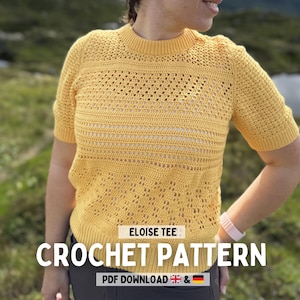 PDF-bestand met haakinstructies (Duits en Engels), Eloise Tee, inclusief foto- en videotutorial, gehaakt shirt, filet haken