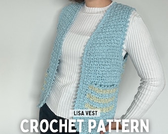 PDF File Crochet Pattern (English), Lisa Vest, Pictures and Video Tutorial, Crochet vest with pockets, beginner pattern