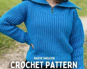 PDF File Crochet Pattern (English), Maeve Sweater, Pictures and Video Tutorial, Modern crochet jumper with high collar and zipper