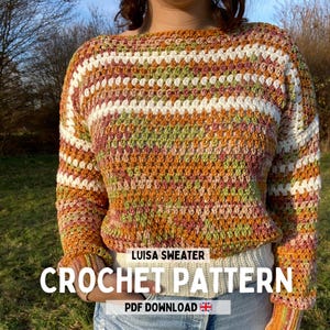 PDF File Crochet Pattern (English), Luisa Sweater Jumper, Pictures and Video Tutorial, Crochet sweater, Granny stripes