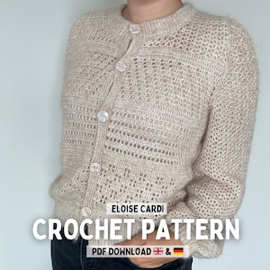 PDF-bestand met haakpatroon (Duits en Engels), Eloise Cardi, maten XS-5XL, foto- en videohandleiding, gehaakt vest, mohair
