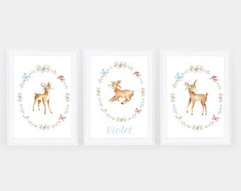 Girls Room Decor Printable Wall Art Personalised Set of 3 Beautiful Deer Wall Art Nursery Art- Watercolour Deer- Baby Nursery Gift