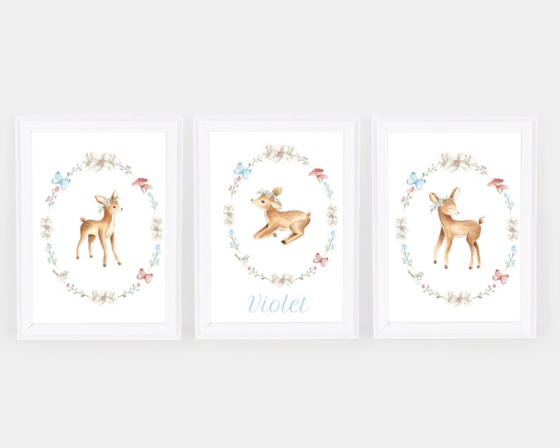 Girls Room Decor Printable Wall Art Personalised Set of 3 Beautiful Deer Wall Art Nursery Art- Watercolour Deer- Baby Nursery Gift