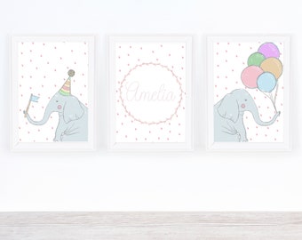 Beautiful Set of 3 Personalised Elephants -Wall Art Printables - Girls Room Decor - Name Wall Art - Digital Download- Elephant Wall Art