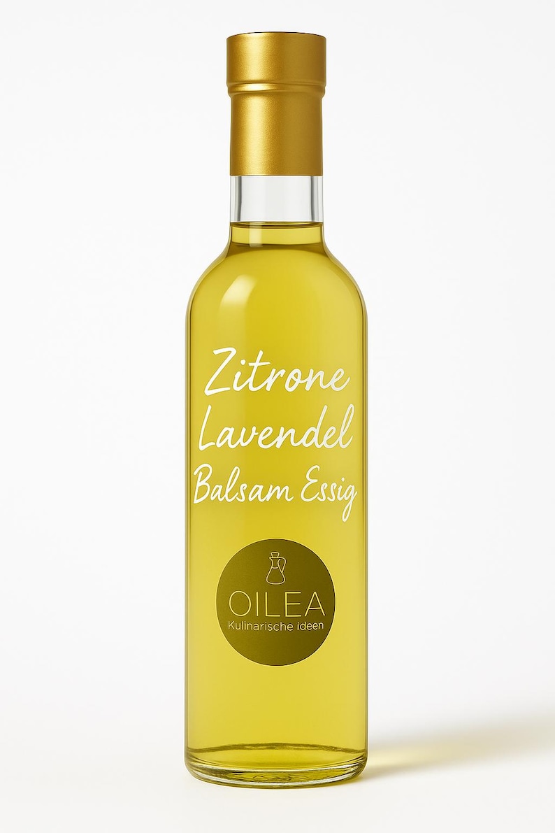 May include: A glass bottle of lemon lavender balsamic vinegar with a gold cap and label. The label reads "Zitrone Lavendel Balsam Essig" and features a logo for "Oilea Kulinarsiche Ideen".