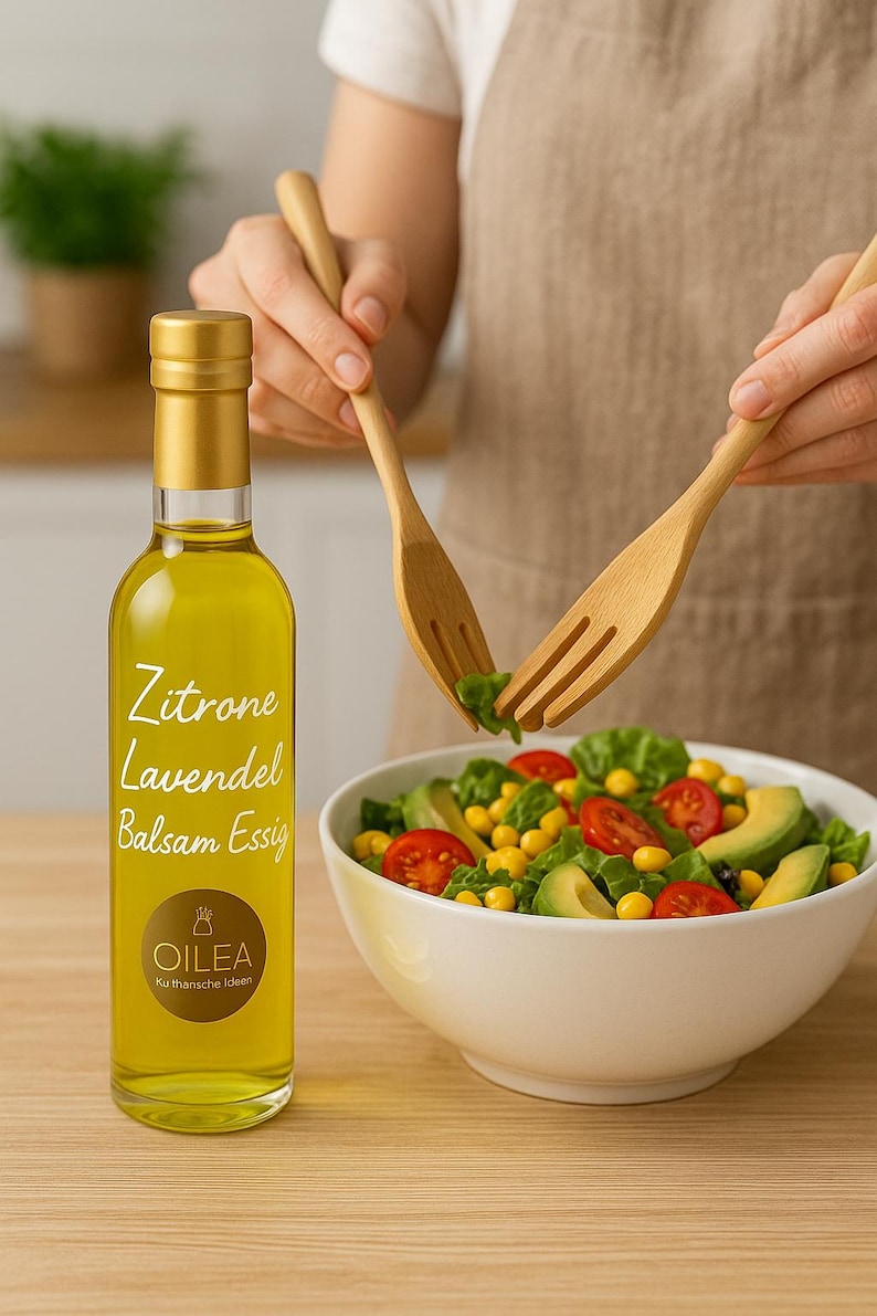 May include: A glass bottle of lemon and lavender balsamic vinegar with a gold cap and label. The label reads "Zitrone Lavendel Balsam Essig" and "Oilea Kulinarische Ideen".