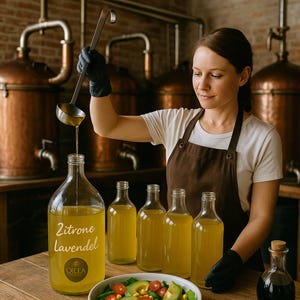 May include: A woman in a white shirt and brown apron pours liquid from a silver ladle into a clear glass bottle labeled "Zitrone Lavendel" with the Oilea logo.  Four other clear glass bottles filled with yellow liquid are on a wooden table.