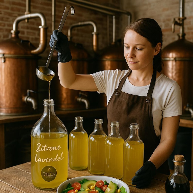 May include: A woman in a white shirt and brown apron pours liquid from a silver ladle into a clear glass bottle labeled "Zitrone Lavendel" with the Oilea logo.  Four other clear glass bottles filled with yellow liquid are on a wooden table.