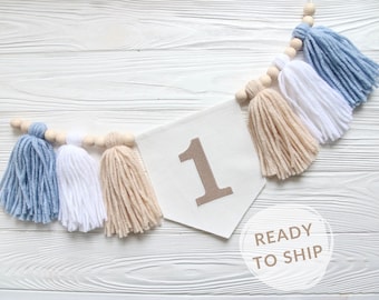 Boy 1st Birthday Baby Blue High Chair Banner, Boy&#39;s Yarn Tassel Garland, Beary 1st birthday, Cake Smash Garland, Teddy Bear Pastel Banner