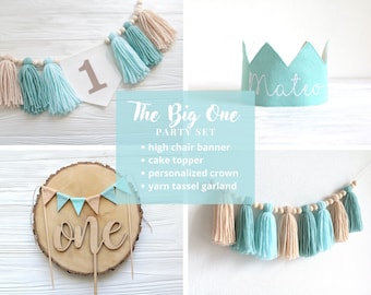 The Big One Birthday Party Bundle, Surf 1st High chair banner, Boy's smash Party, Surf Beach 1st birthday decor, Baby Boy Mint Blue banner