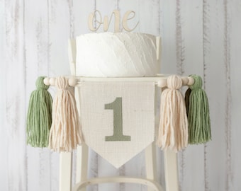1st Greenery High Chair Banner, Green Tones Yarn Tassel Garland, Nature Green 1st birthday, Olive GreenCake Smash Garland, Neutral Birthday