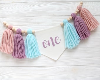Little Mermaid Girl's Birthday high chair banner, Under The Sea cake smash Garland, Yarn Tassel bunting, Baby Girl Party Decor