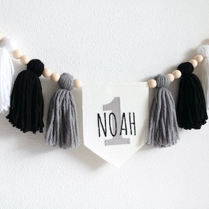 1st Boy High Chair Banner, Personalized 1st birthday banner, Custom name high chair banner, Black and White, Cake Smash Star Boy party