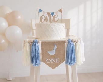 Silly Goose 1st Birthday High Chair Banner, Blue Burlap Decor