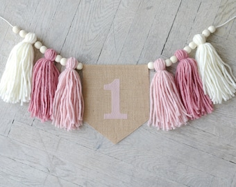 1e verjaardag meisje kinderstoel banner, Blush Pink cake smash Garland, Kwastje bunting, Boho 1e verjaardag decor