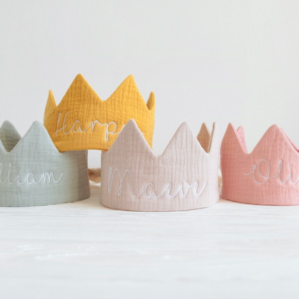 Personalized Muslin birthday crown, Party crown with Embroidered Name, Kids birthday party, First birthday outfit, Toddler fabric crown