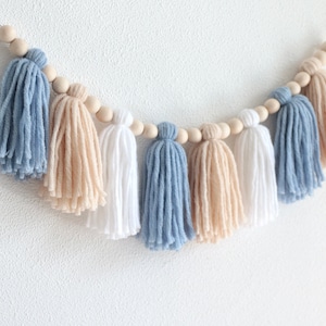 Boy Yarn tassel Garland, Pastel 1st high chair banner, Baby Blue birthday decor, Cake smash photo prop, Background photo prop