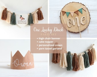 One Lucky Duck Birthday Party Bundle, Mallard Duck cake smash Party Set, Personalized Party Decor, Baby Boy Photo Prop