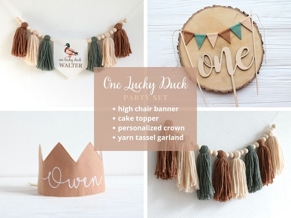 One Lucky Duck Birthday Party Bundle, Mallard Duck cake smash Party Set, Personalized Party Decor, Baby Boy Photo Prop