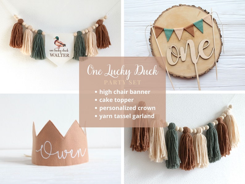 One Lucky Duck Birthday Party Bundle, Mallard Duck cake smash Party Set, Personalized Party Decor, Baby Boy Photo Prop image 1