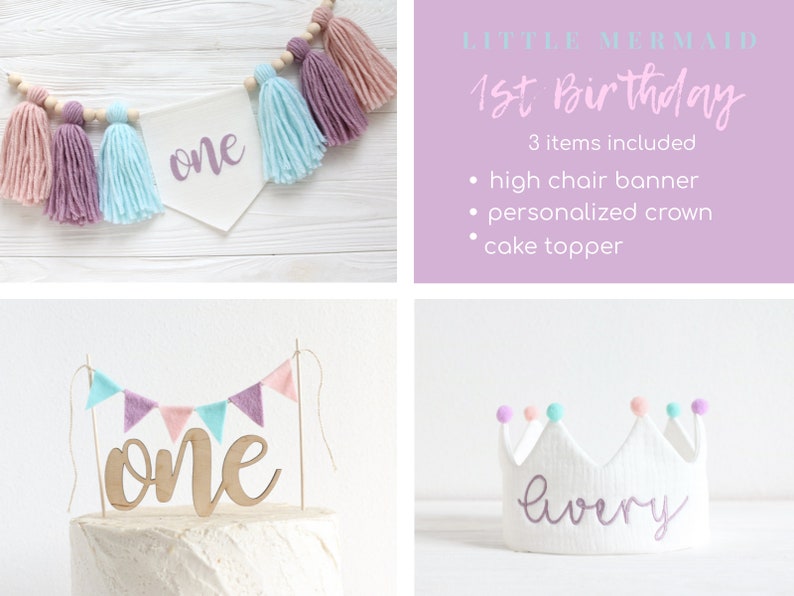 May include: A set of three Little Mermaid themed first birthday party decorations. The set includes a high chair banner with the word "one" in purple, a personalized crown with the name "Avery" in purple, and a cake topper with the word "one" in brown with a banner of pastel pink and blue triangles.