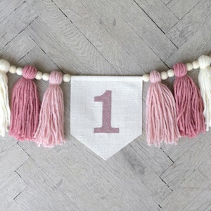 Blush pink 1st Birthday high chair banner, Girl&#39;s Cake smash Garland, Tassel bunting, Boho 1st birthday decor