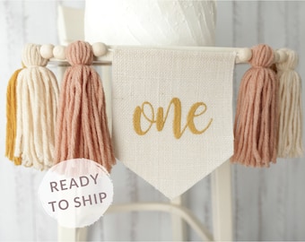 Boho Sun Birthday Banner, 1st high chair banner, Mustard boho birthday, Muted Sunshine, Yarn tassel garland, First Trip Around the Sun