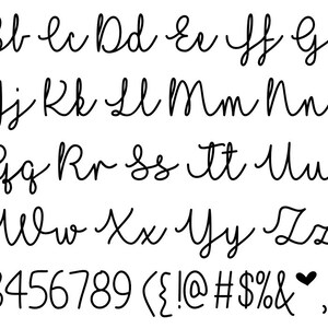 May include: A handwritten alphabet in a cursive font, including uppercase and lowercase letters, numbers 0-9, and punctuation marks. The font is black on a white background.