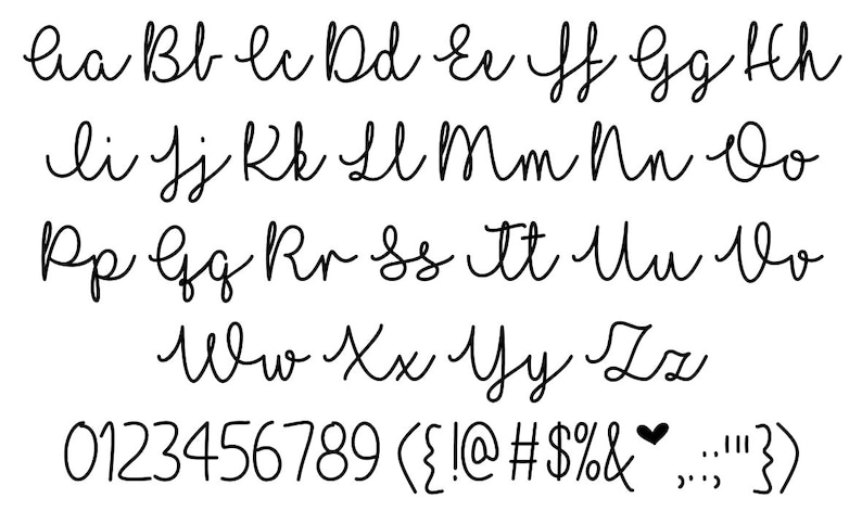 May include: A handwritten alphabet in a cursive font, including uppercase and lowercase letters, numbers 0-9, and punctuation marks. The font is black on a white background.