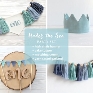 Deep Sea Boy&#39;s Birthday Party Bundle, Under the Sea High chair banner, Ocean smash Party, Whale 1st birthday decor, Baby Boy Blue banner