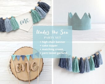 Deep Sea Boy's Birthday Party Bundle, Under the Sea High chair banner, Ocean smash Party, Whale 1st birthday decor, Baby Boy Blue banner